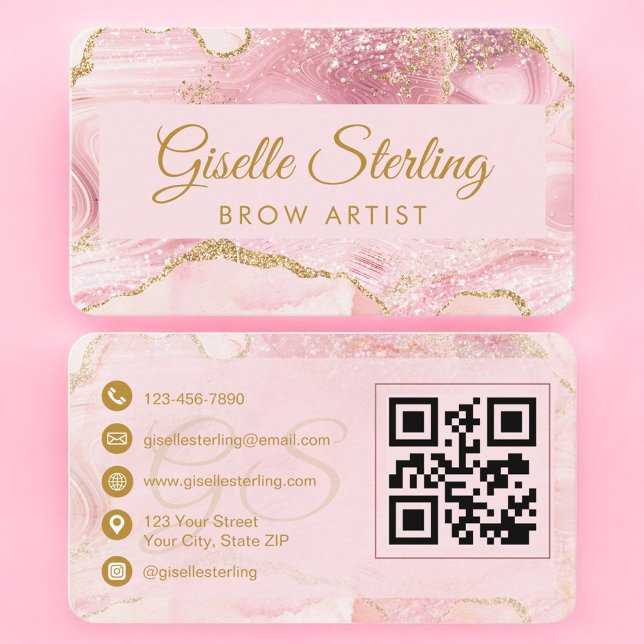 Luxury Brow Artist Gold Agate QR Code Business Card (Creator Uploaded)