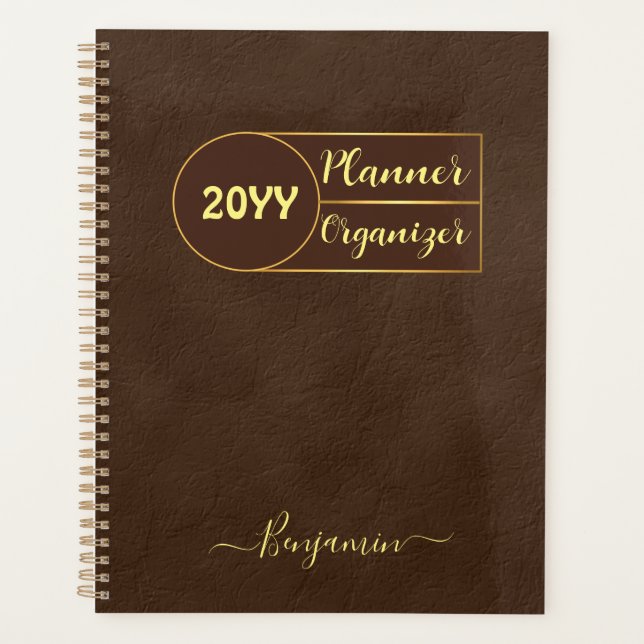 Luxury Brown Gold Leather Organizer Planner (Front)