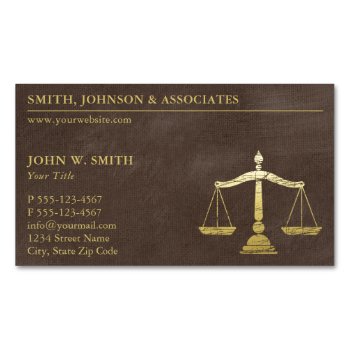Luxury Brown Lawyer Scales Of Justice Gold Look Business Card Magnet by superdazzle at Zazzle