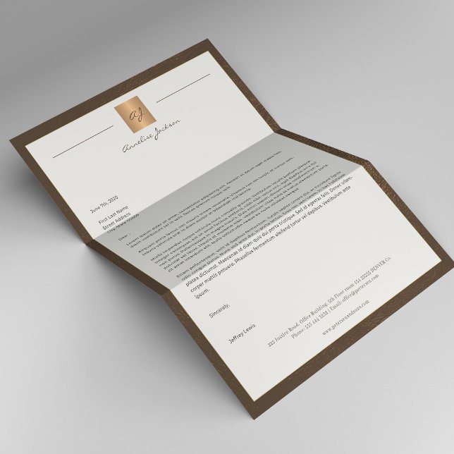 Luxury brown leather frame gold monogram business letterhead (Creator Uploaded)