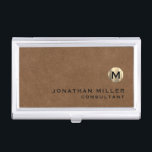 Luxury Brown Suede Gold Monogram Business Card Case<br><div class="desc">Simple modern design with luxury brushed metallic gold monogram medallion with personalized name and title or custom text below in classic block typography on a brown suede leather textured background. Personalize for your custom use.</div>