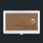 Luxury Brown Suede Gold Monogram Business Card Case<br><div class="desc">Simple modern design with luxury brushed metallic gold monogram medallion with personalized name and title or custom text below in classic block typography on a brown suede leather textured background. Personalize for your custom use.</div>