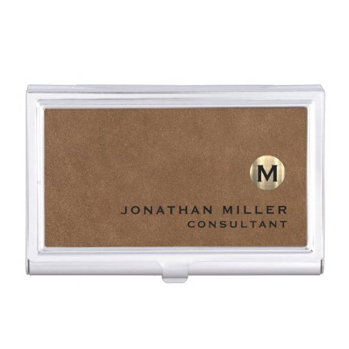 Luxury Brown Suede Gold Monogram Business Card Case