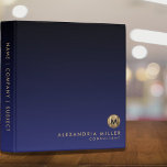 Luxury Brushed Gold Monogram Navy Office School 3 Ring Binder<br><div class="desc">Elegant Modern Luxury Brushed Metallic Gold Monogram Medallion Initial Name Title Custom Text Binder Navy Blue Gradient Background Home Office Professional Work Back to School Recipe 3 ring binder</div>