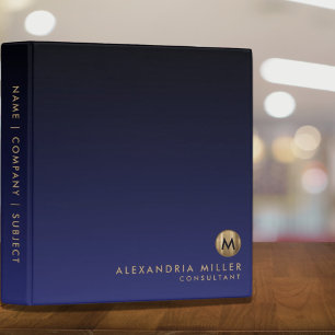 Luxury Brushed Gold Monogram Navy Office School 3 Ring Binder