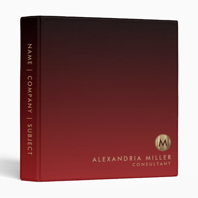 Luxury Brushed Gold Monogram Red Office School 3 Ring Binder (Front/Spine)