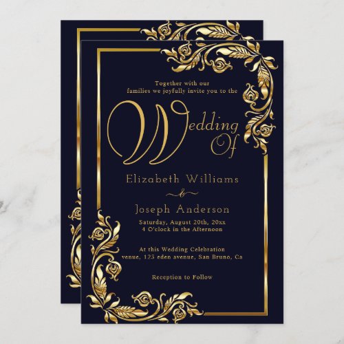 Luxury Budget Gold Floral Frame Golden Wedding Invitation