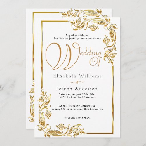 Luxury Budget Gold Floral Frame Golden Wedding Invitation