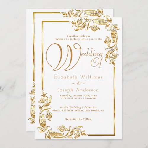 Luxury Budget Gold Floral Frame Golden Wedding Invitation
