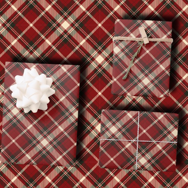 Luxury Burgundy and Cream Diagonal Tartan Plaid Wrapping Paper Sheets (Creator Uploaded)