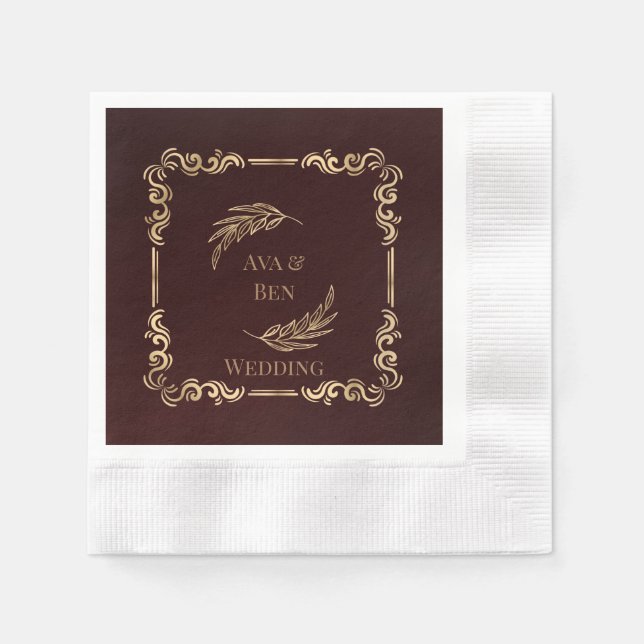 Luxury Burgundy and Gold Flourishes Wedding Napkins (Front)