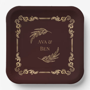 Luxury Burgundy and Gold Flourishes Wedding Paper Plates