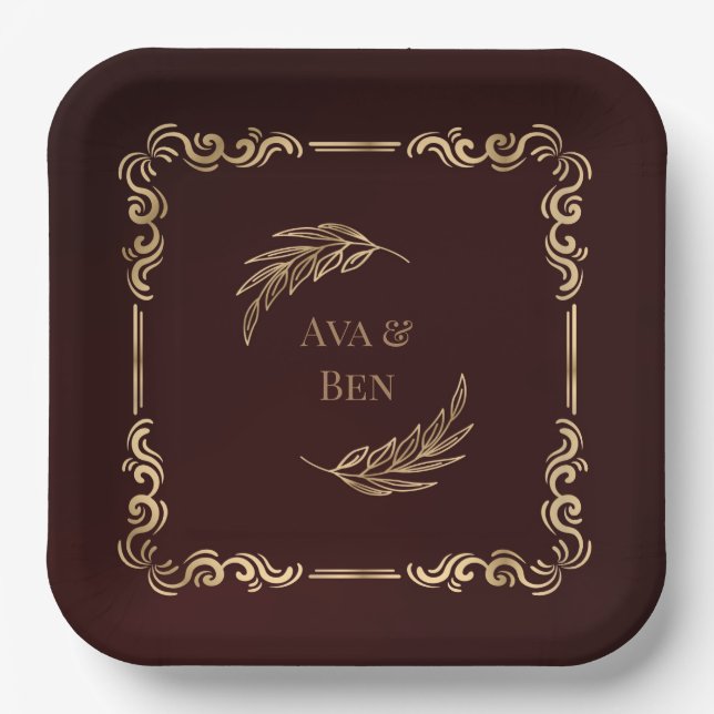 Luxury Burgundy and Gold Flourishes Wedding Paper Plates (Front)