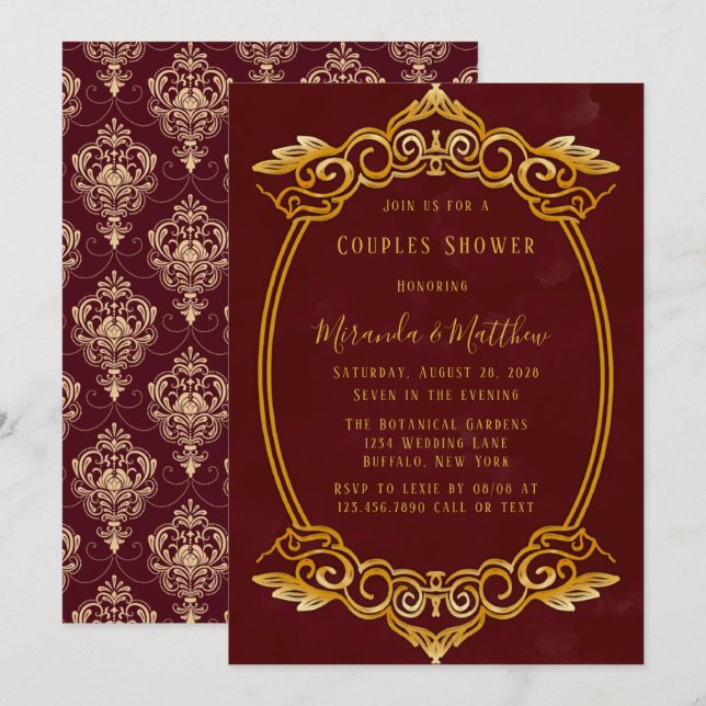Luxury Burgundy and Gold Royal Couples Shower Invitation (Front/Back)