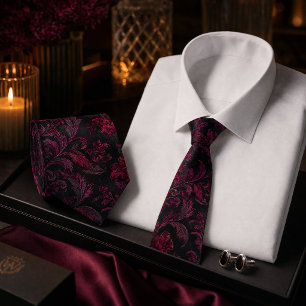 Luxury Burgundy Black Damask Floral Seamless Neck Tie