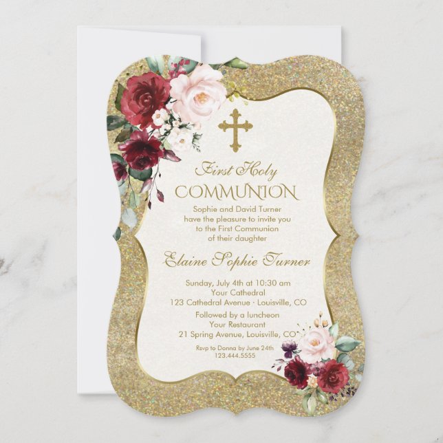 Luxury Burgundy Blush Floral Gold First Communion Invitation (Front)