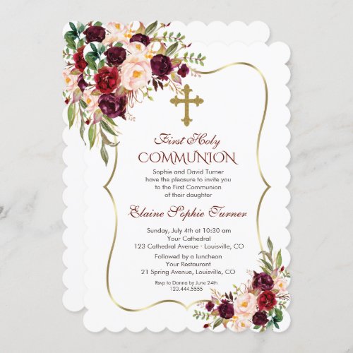 Luxury Burgundy Blush Floral Holy Communion Invitation
