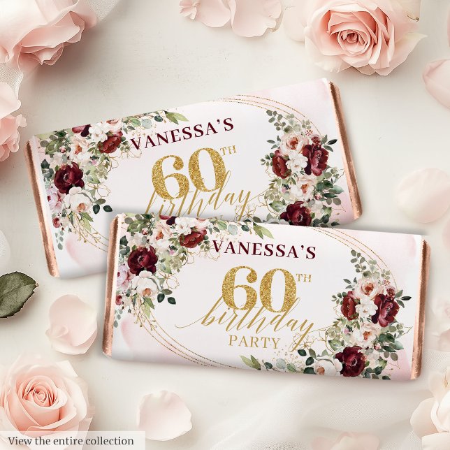 Luxury Burgundy Blush Gold Floral 60th Candy Party Hershey's Miniatures (Luxury Burgundy Blush Gold Floral 60th Candy Party Favor)