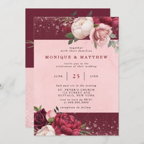 Luxury Burgundy Blush Pink Glitter Peony Wedding Invitation