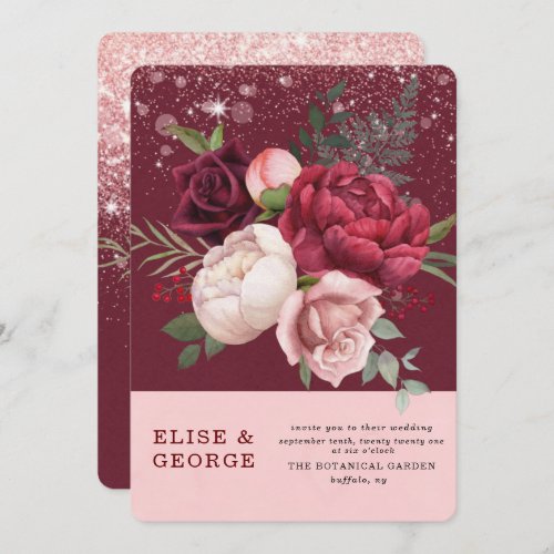 Luxury Burgundy Blush Pink Peony Glitter Wedding Invitation