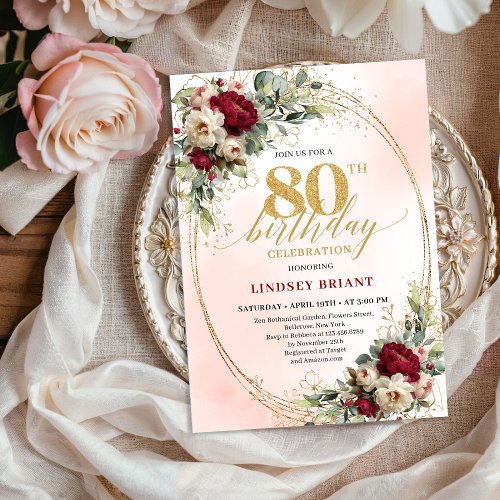 Luxury Burgundy Bohemian Floral 80th Birthday 