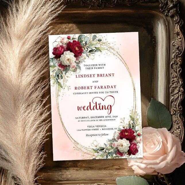Luxury Burgundy Boho Floral Wedding Gold Invitatio Invitation (Luxury Burgundy Boho Floral Wedding Gold Invitation)