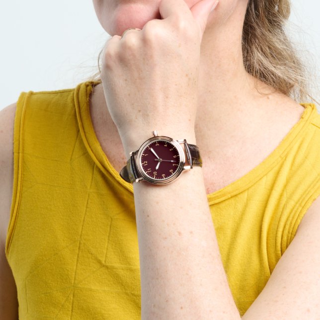 Luxury Burgundy Dial Leather Strap Watch (Wrist)