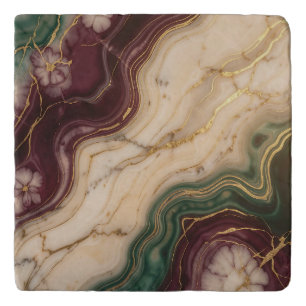 Luxury Burgundy Emerald Green Gold Marble Floral Trivet