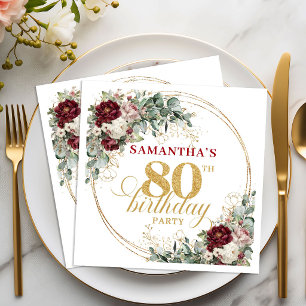 Luxury Burgundy Floral 80th Birthday Napkins