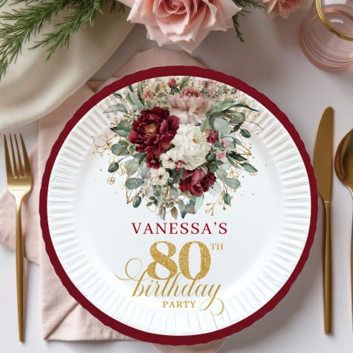 Luxury Burgundy Floral 80th Birthday Paper Plates