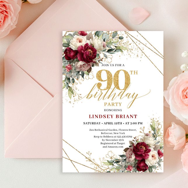 Luxury Burgundy Floral Gold 90th Birthday Invite (Luxury Burgundy Floral Gold 90th Birthday Invitation)