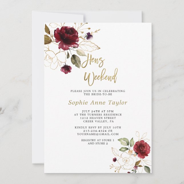 Luxury Burgundy Floral Gold Bachelorette Weekend Invitation (Front)