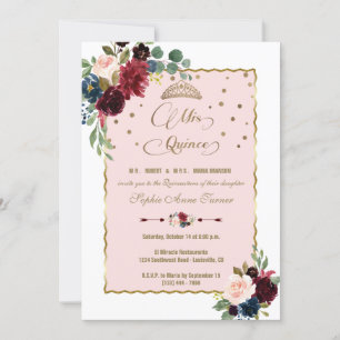 Luxury Burgundy Floral Gold Mis Quince Quinceañera Invitation