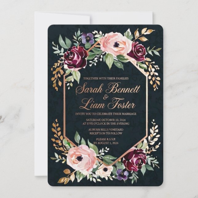 Luxury Burgundy Floral Wedding Invitation Template (Front)
