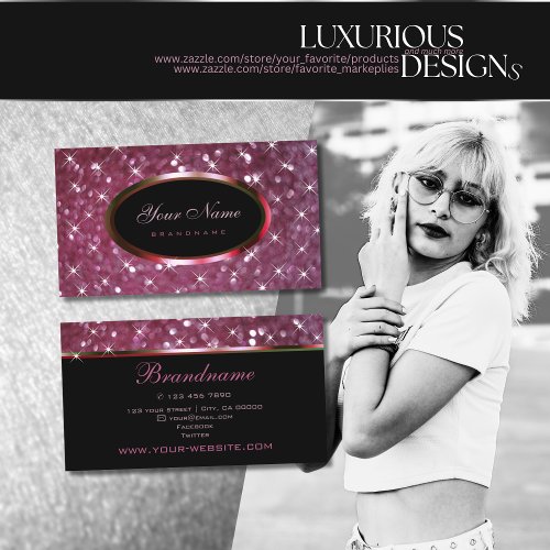 Luxury Burgundy Glitter and Luminous Stars Elegant Business Card