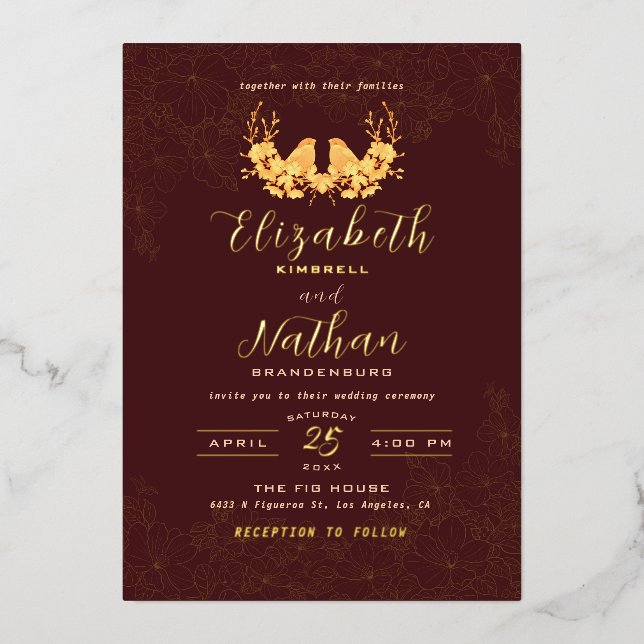 Luxury Burgundy & Gold Birds Floral Pattern Foil Invitation (Front)