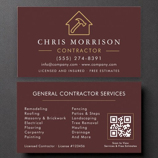Customizable Luxury Burgundy Gold Construction Modern QR Code Business Card