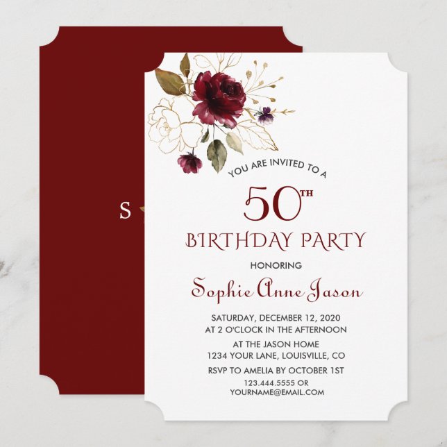 Luxury Burgundy Gold Floral 50th Birthday Monogram Invitation (Front/Back)