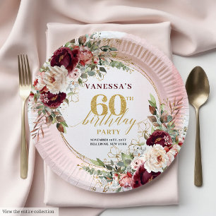 Luxury Burgundy Gold Floral 60th Birthday Boho Paper Plates