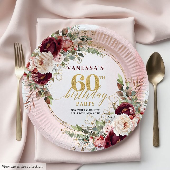 Luxury Burgundy Gold Floral 60th Birthday Boho  Paper Plates (Luxury Burgundy Gold Floral 60th Birthday Boho Plates)