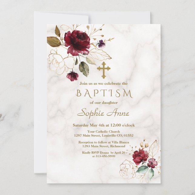 Luxury Burgundy Gold Floral Cross Marble Baptism Invitation (Front)