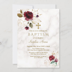 Luxury Burgundy Gold Floral Cross Marble Baptism Invitation