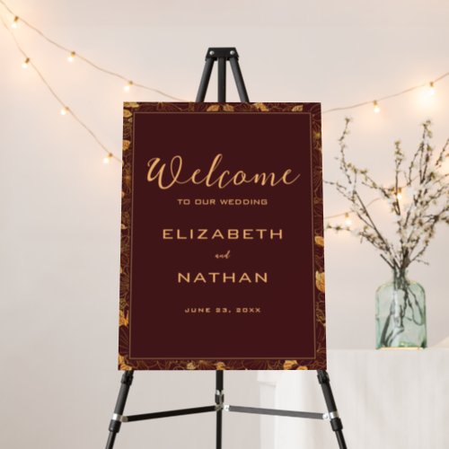 Luxury Burgundy Gold Floral Frame Wedding Welcome Foam Board