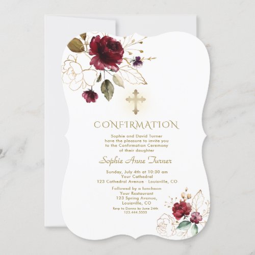 Luxury Burgundy Gold Floral Girl Confirmation Invitation