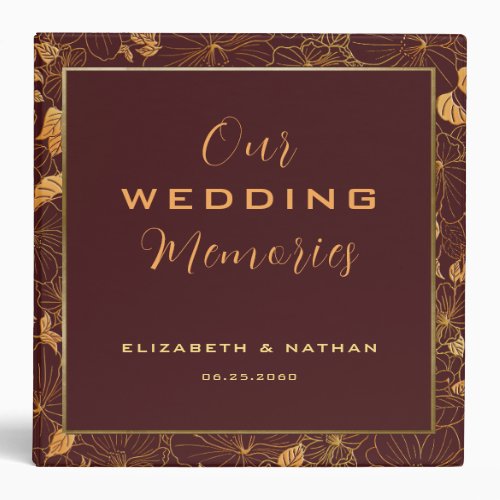 Luxury Burgundy  Gold Floral Wedding  3 Ring Binder