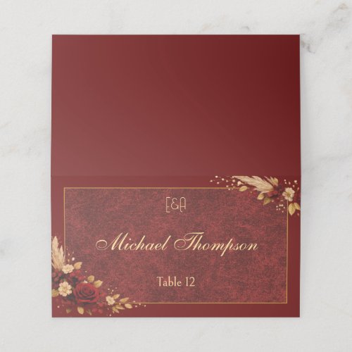 Luxury Burgundy & Gold Floral Wedding Place Card