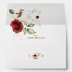 Luxury Burgundy Gold Floral Wedding Return Address Envelope