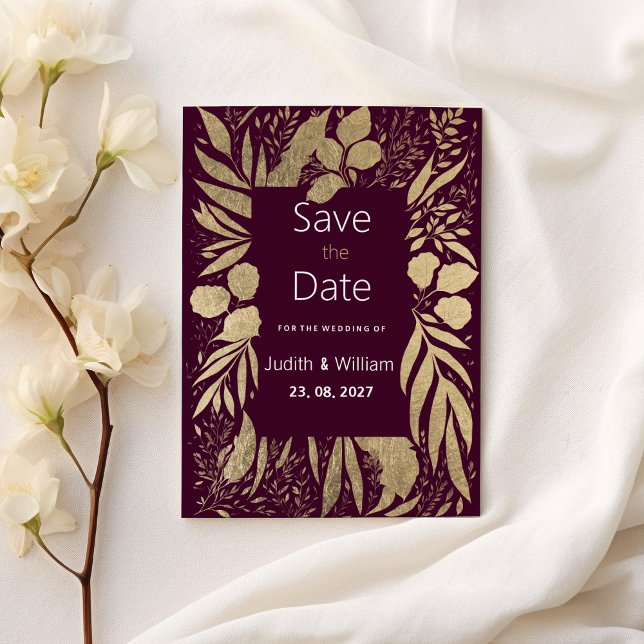 Luxury burgundy gold foliage floral Save the Date Invitation (Luxury burgundy gold foliage floral Save the Date)