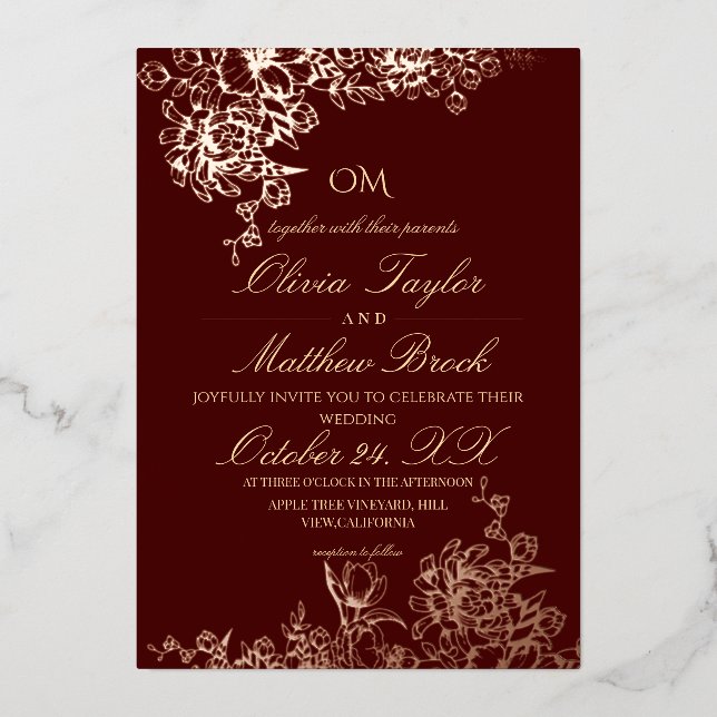 Luxury Burgundy & Gold Garden Floral Wedding Invi Foil Invitation (Front)