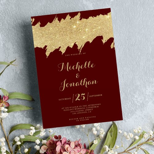 Luxury burgundy gold glitter brushstrokes wedding  invitation